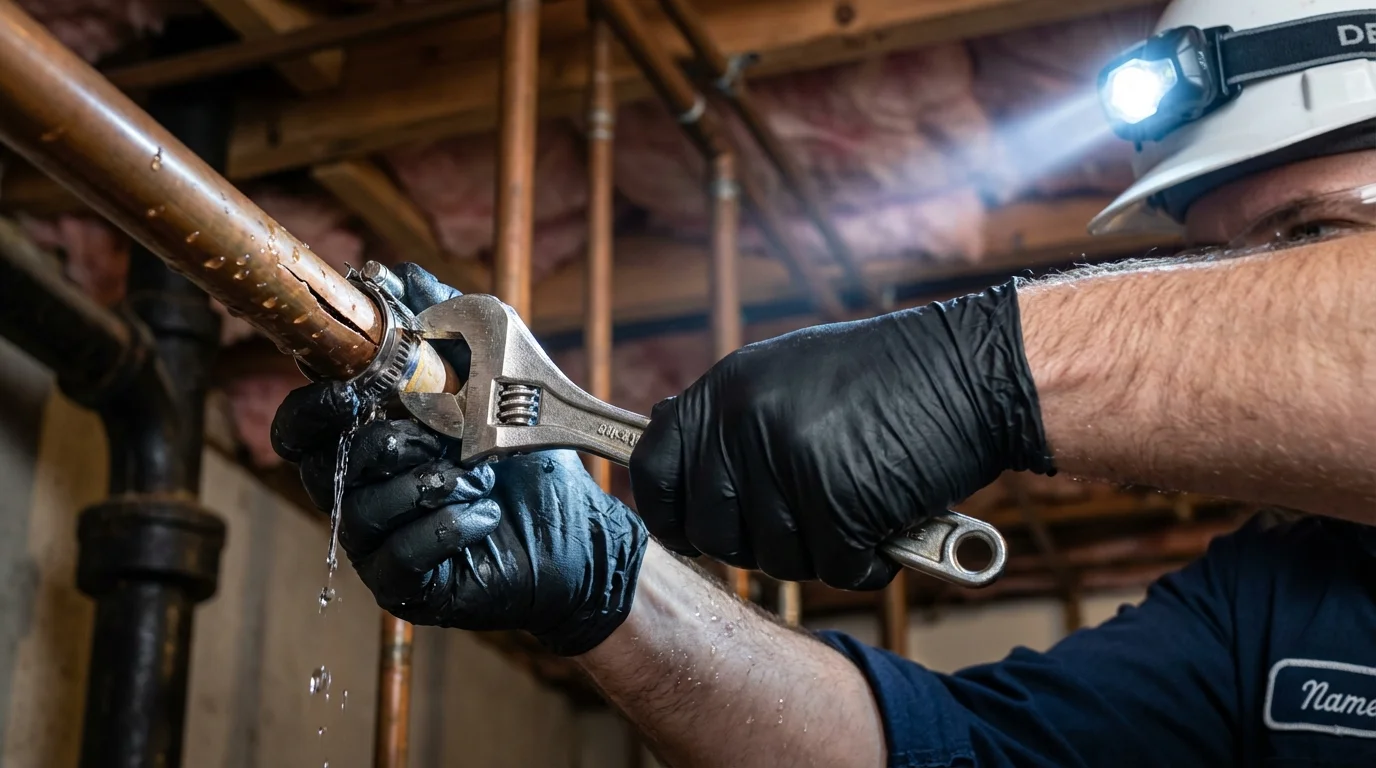 Emergency pipe clamp repair being performed by a Johns Plumbing LLC plumber in Gadsden