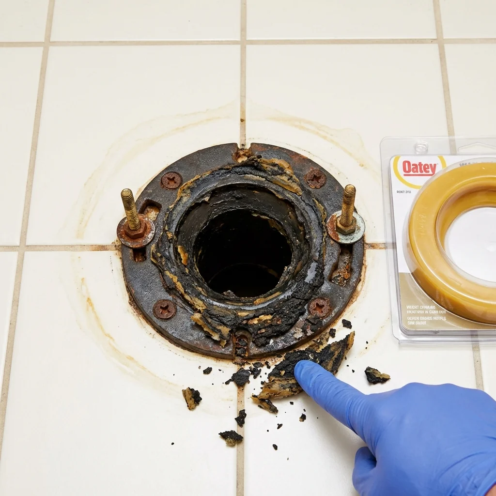 Failed wax ring showing water seepage at the base of a toilet in a Gadsden, AL home
