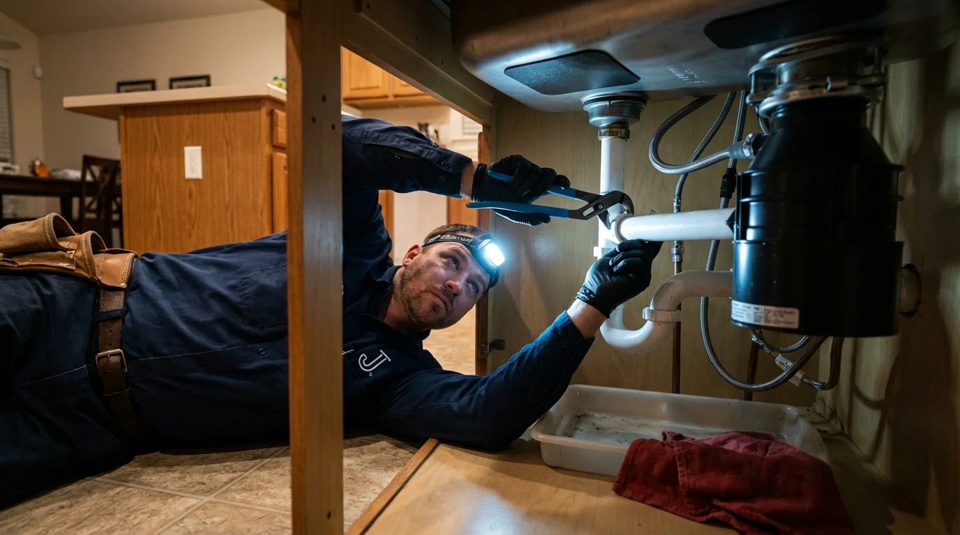 P-trap and supply line connections under a kitchen sink showing a common leak point in Gadsden, AL